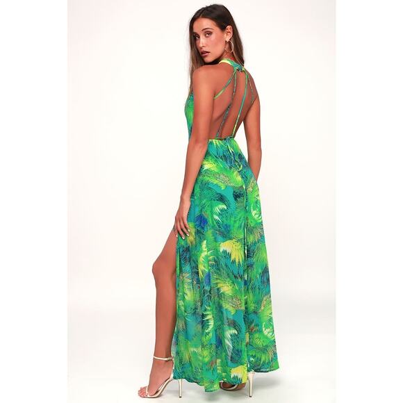 Lulu’s Dress Tropic of Discussion Green Tropical Print Maxi Open Back Size L - Picture 1 of 14